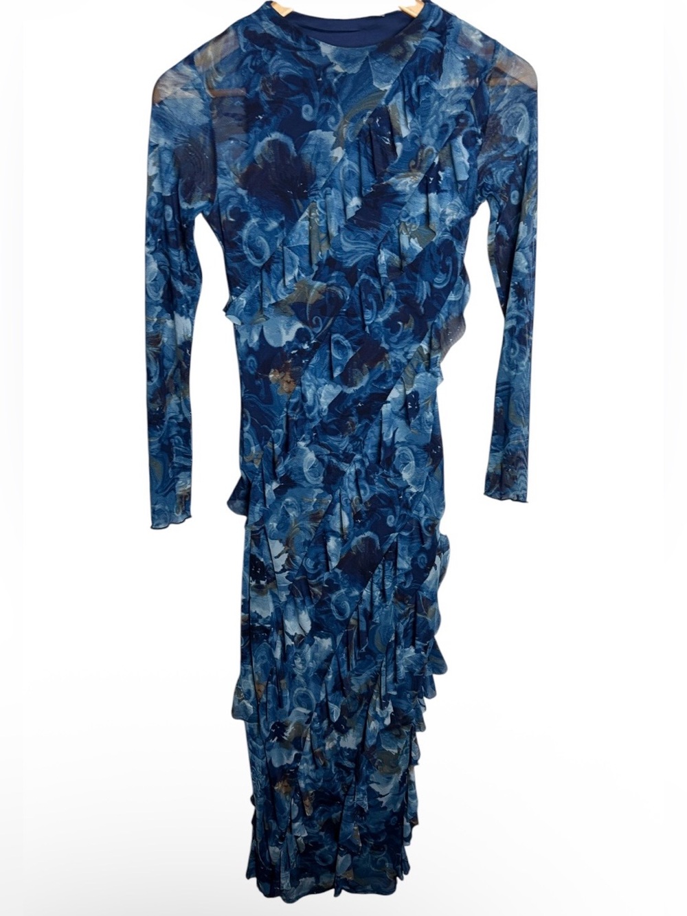 Blue floral mesh long sleeve ruffle side slit maxi dress fits like Size S
